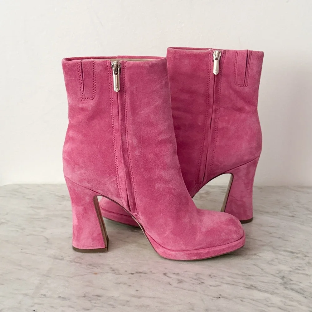 Sam Edelman Suede Ankle Boots Pink Square Toe Block Heel Platform 8 Pink Retro